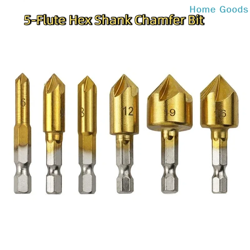 3/6Pcs Hexagonal Handle Titanium Plated Five Edge Chamfering Knife Countersunk Drill 6-19mm Woodworking Spot Facer Tool Set
