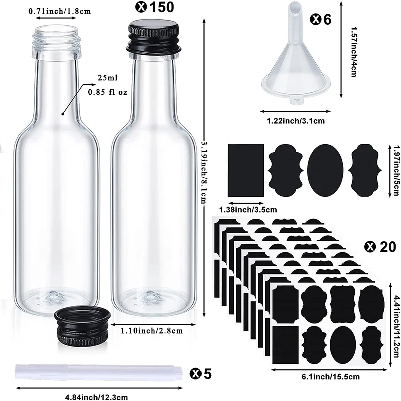 72/150Pcs 0.85oz Mini Liquor Bottles Reusable Plastic Empty Spirit Bottle Black with Screw Caps Liquid Funnel Labels Marker Pens