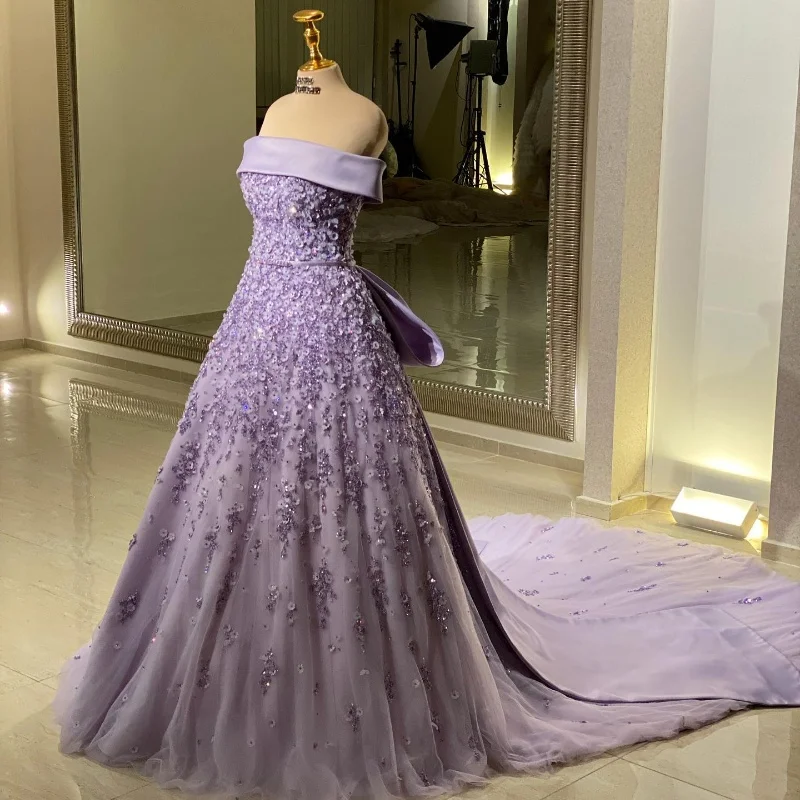 New Arrival Off The Shoulder Purple Flowers Beaded Long train vestidos de fiesta  فساتين سهره evening dresses