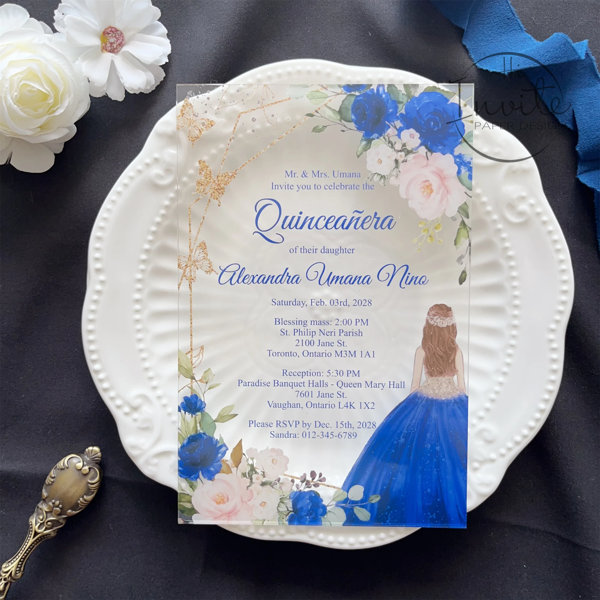 

Приглашение в стиле Quinceañera с ярко-синей розой и искусственной бабочкой, Необычные милые приглашения на 15 персон, современные открытки на испанском языке