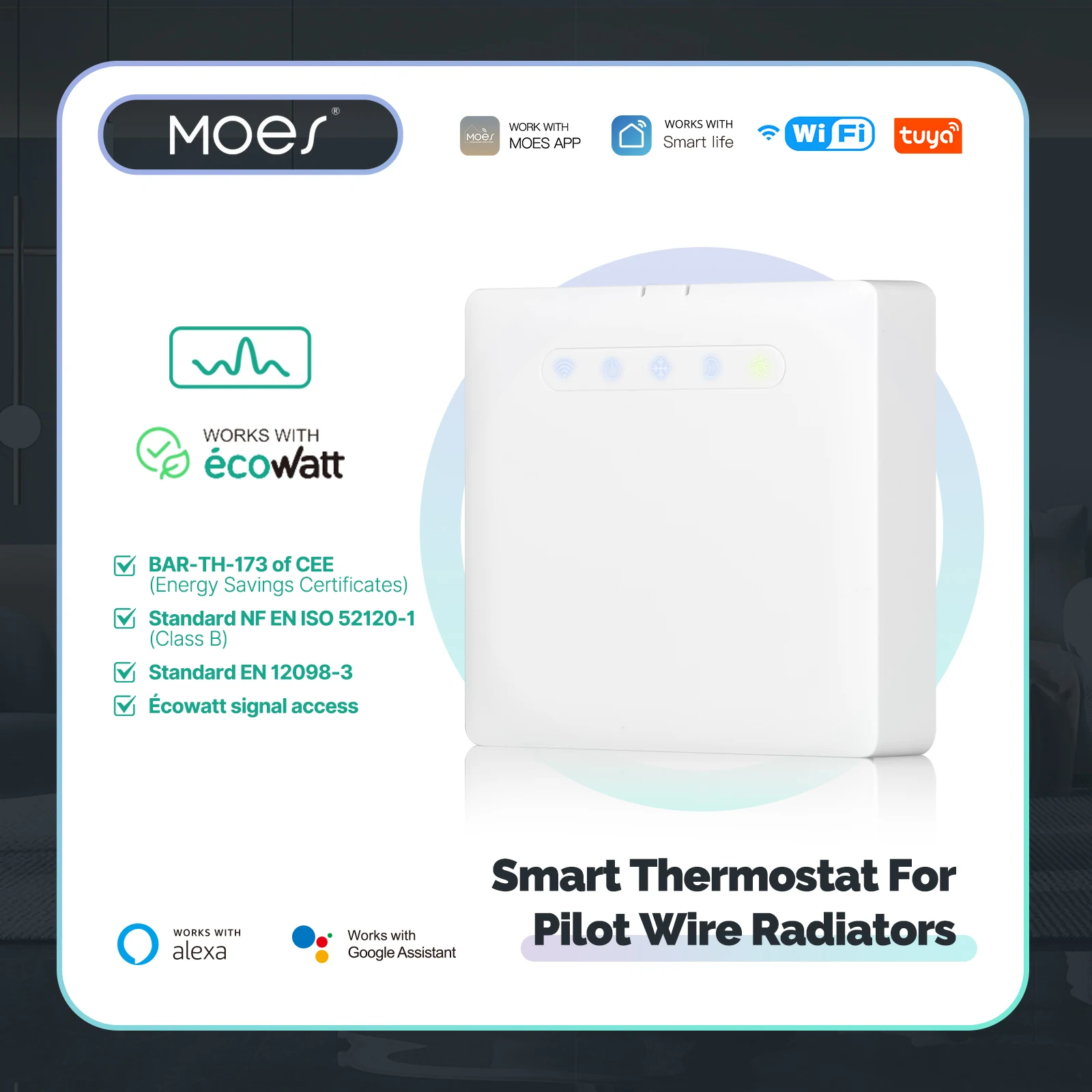 Termostato intelligente Wifi per supporto radiatore riscaldamento filo pilota Ecowatt monitoraggio elettricità App telecomando Alexa GoogleHome