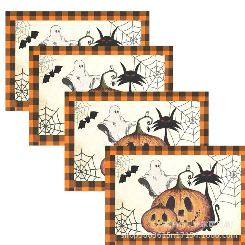 Halloween Linen Pumpkin Head Ghost Printed Placemat Nordic Heat-Resistant Western Food Pad Home Dining Table Mat