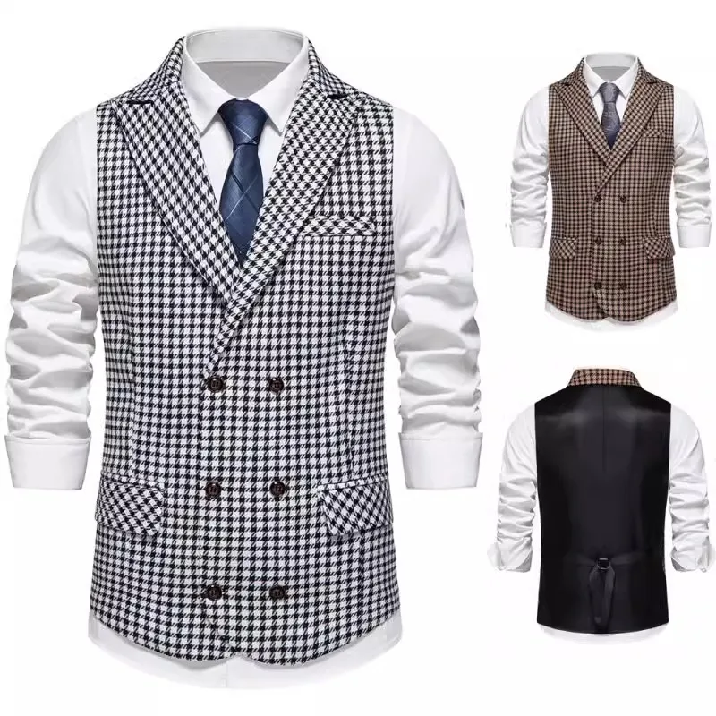 Double Breasted Mens Plaid Vest Classi Waistcoat for Groomsmen Wedding Business Colete Casual Masculino Men Seampunk Suit Vest