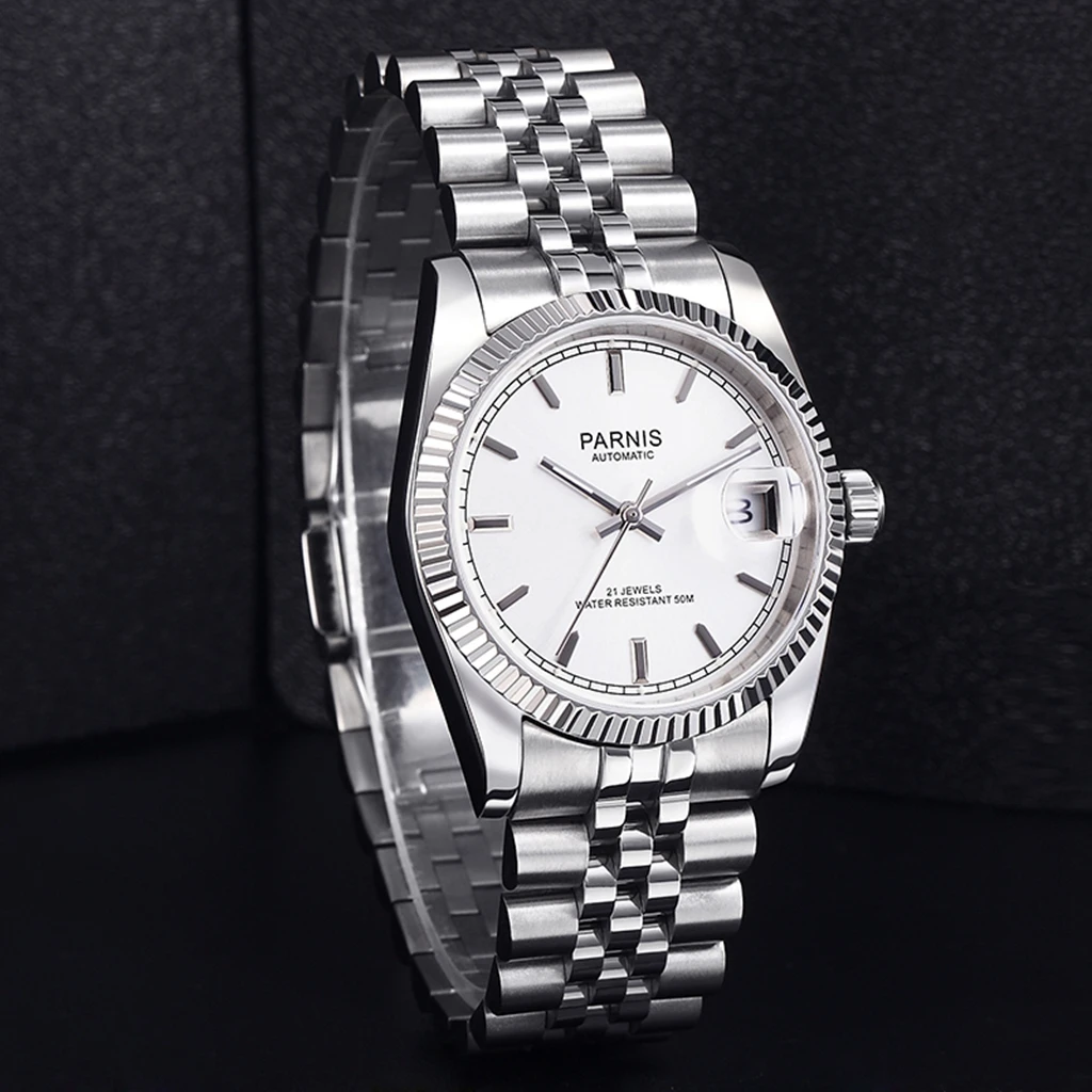 New Parnis 36MM Silver Dial Men Watch Luxury Brand Automatic Women Elegant Diamond Stainless Steel Bracelet Mechanical Watches