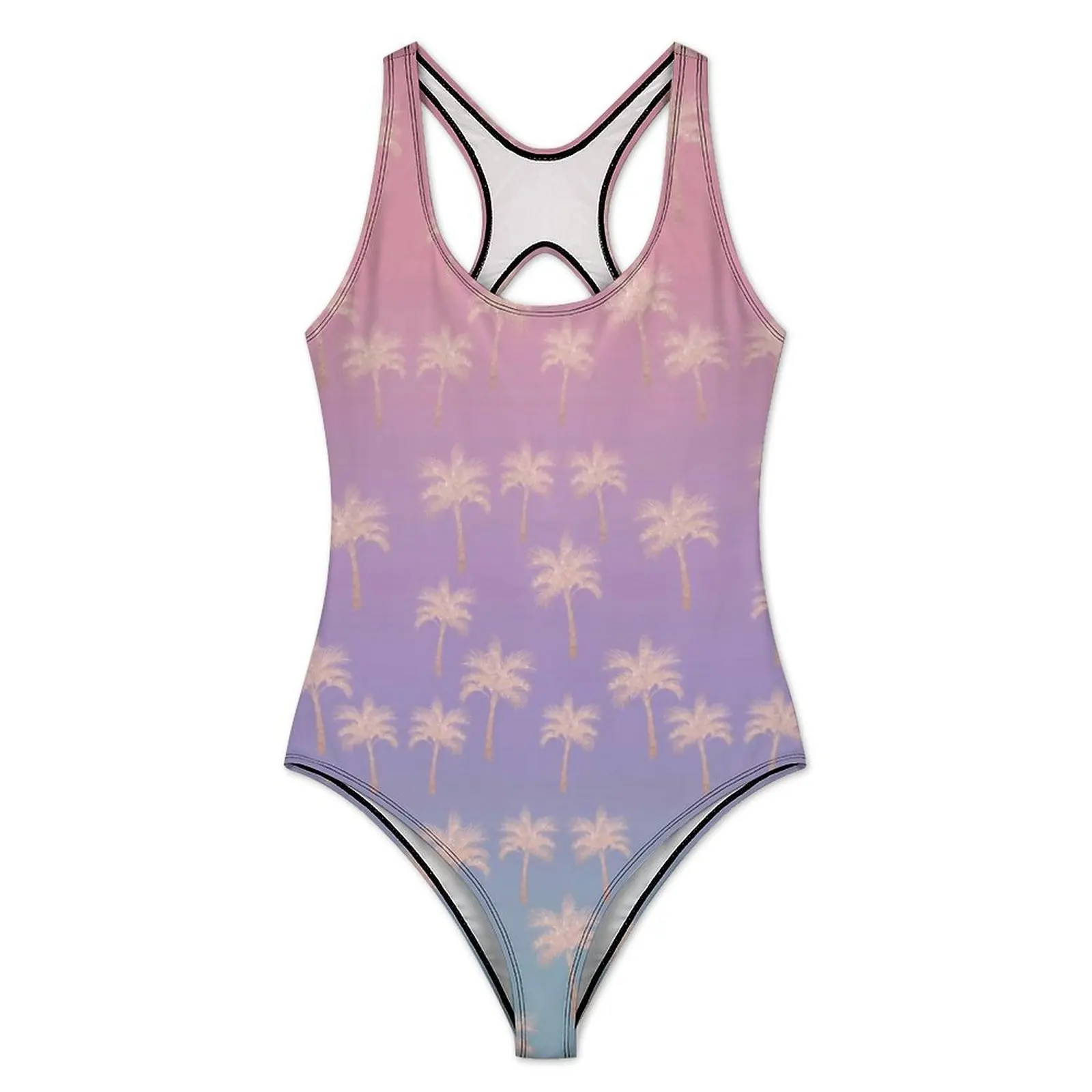 Elegant Beach Swimsuit Gradient Palm Print Swimwear One Piece Surfing Bodysuit High Cut Bathing Suits Female Push Up Beachwear