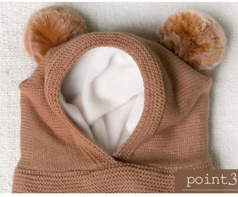 Baby Knit Short Plush inlayer Hooded Scarf Kid Hat And Scarf Child Winter Warm Protection Ear Hat Girl Boy Cute Pom Pom Cap