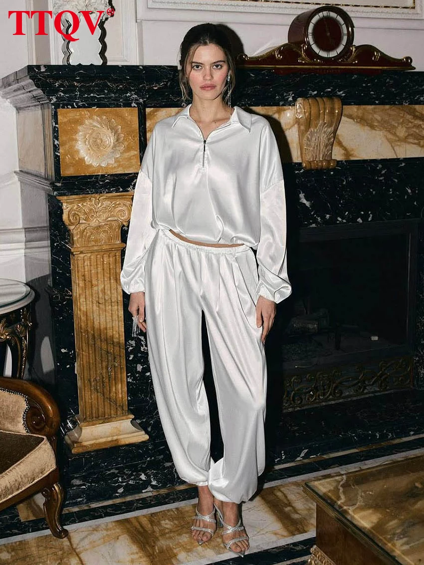 

TTQV Fashion Loose Pink Satin 2 Piece Set Women 2026 Elegant Long Sleeve Shirt With High Waist Wide Pants Set Female Clothing
