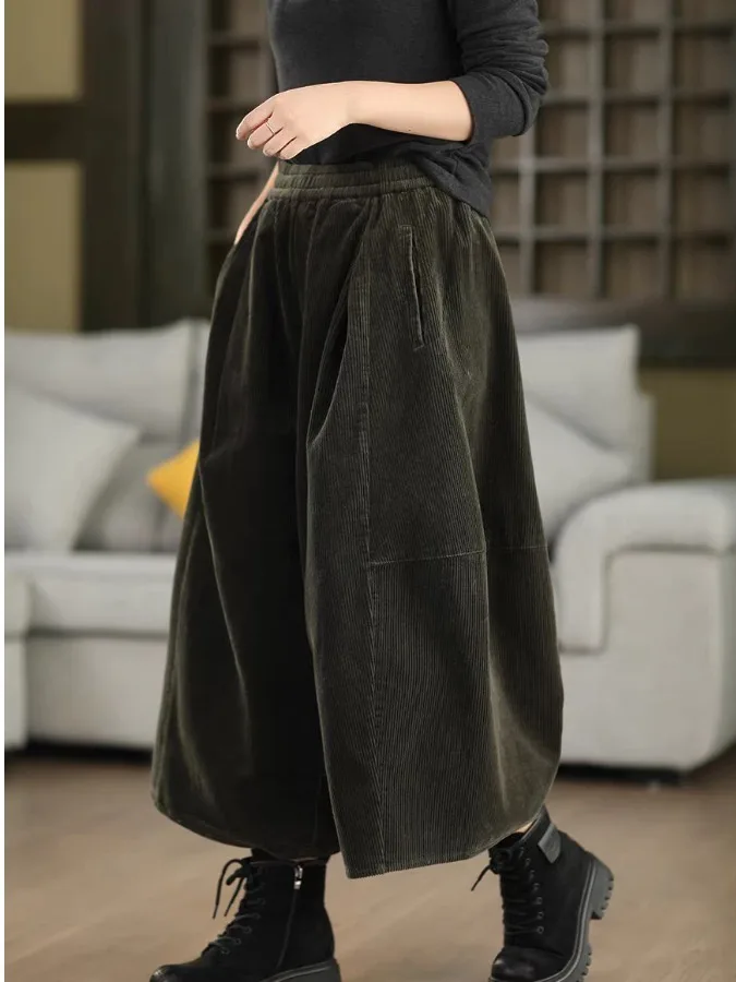 Calças de Veludo de Aodão Retro de Perna Larga, Estilo Artístico Casual para Outono e Inverno, Calças Slimming com tras ...