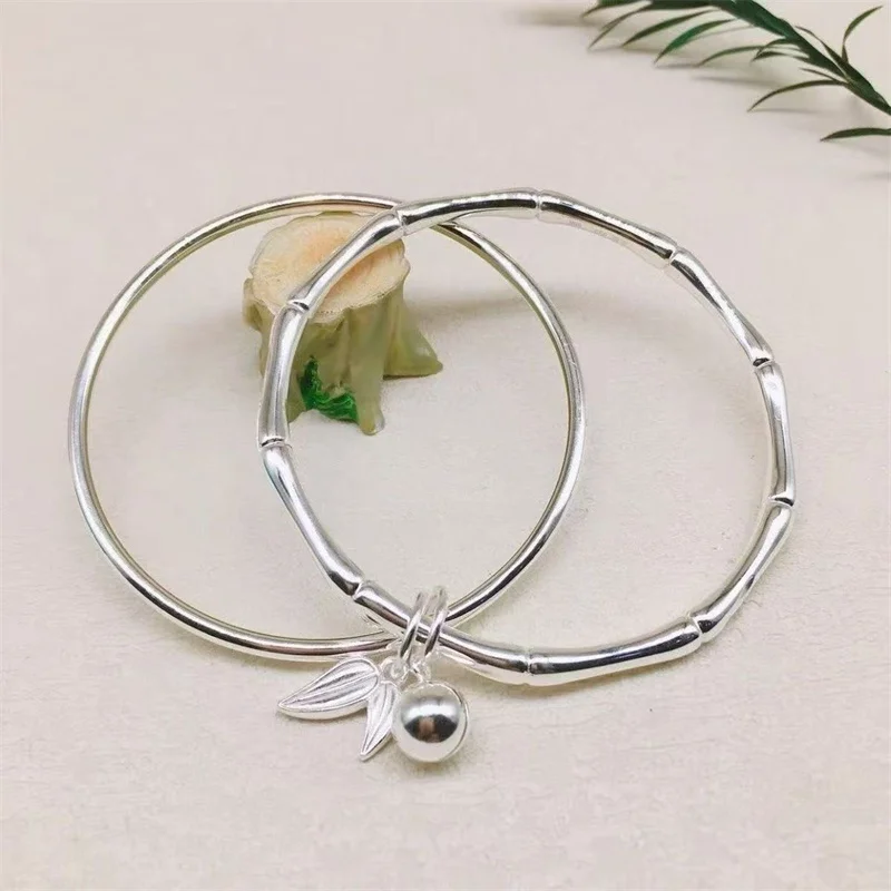 999 Sterling Silver Ladies Double Bangle Set Bamboo Texture With Mini Ball Twin Bamboo Leaf Charm Fashion Stack Jewelry