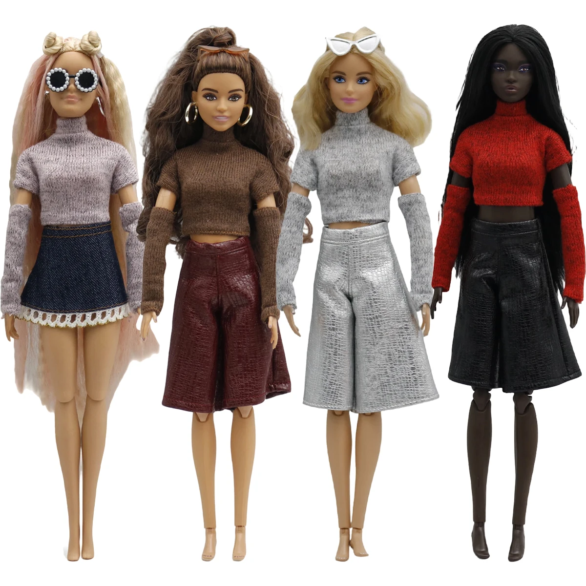 29cm Fashion Doll Clothes for Barbie Doll Knitted Turtleneck Crop Top with Arm Sleeves PU Leather Shorts Skirt Outfits