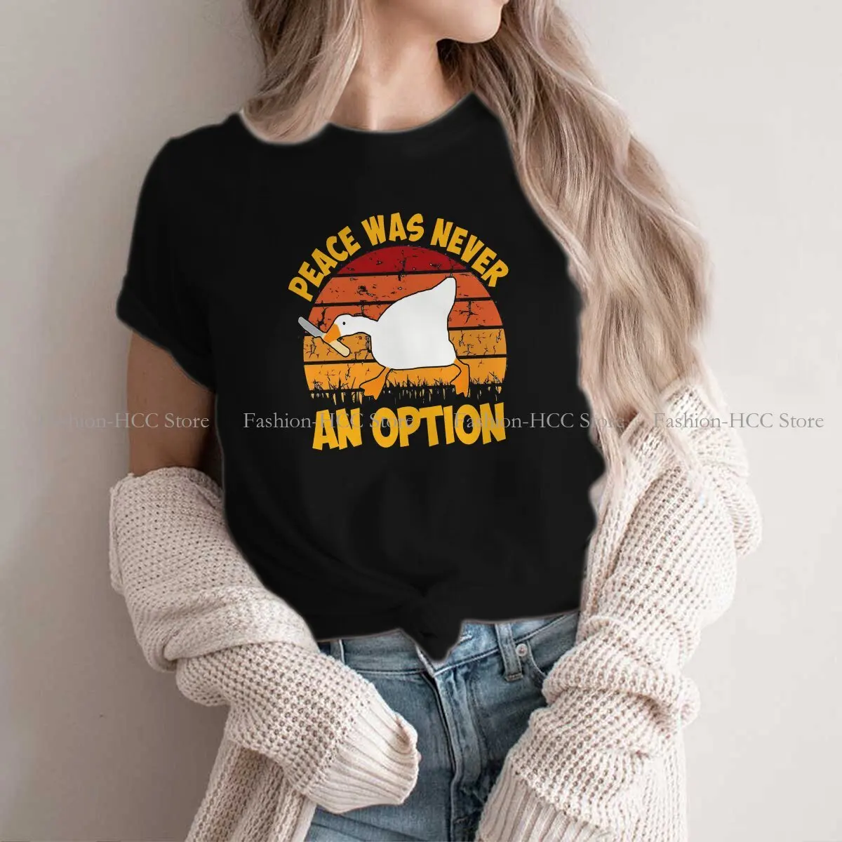 Untitled Goose Game Polyester TShirts Vintage Peace Was Never An Option Print Women's T Shirt Hipster Tops