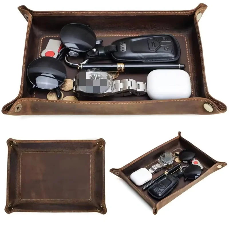

Genuine Leather Foldable Cowhide Square Tray Key Wallet Coin Organizer for Home Office Desktop Storage Sundries Box