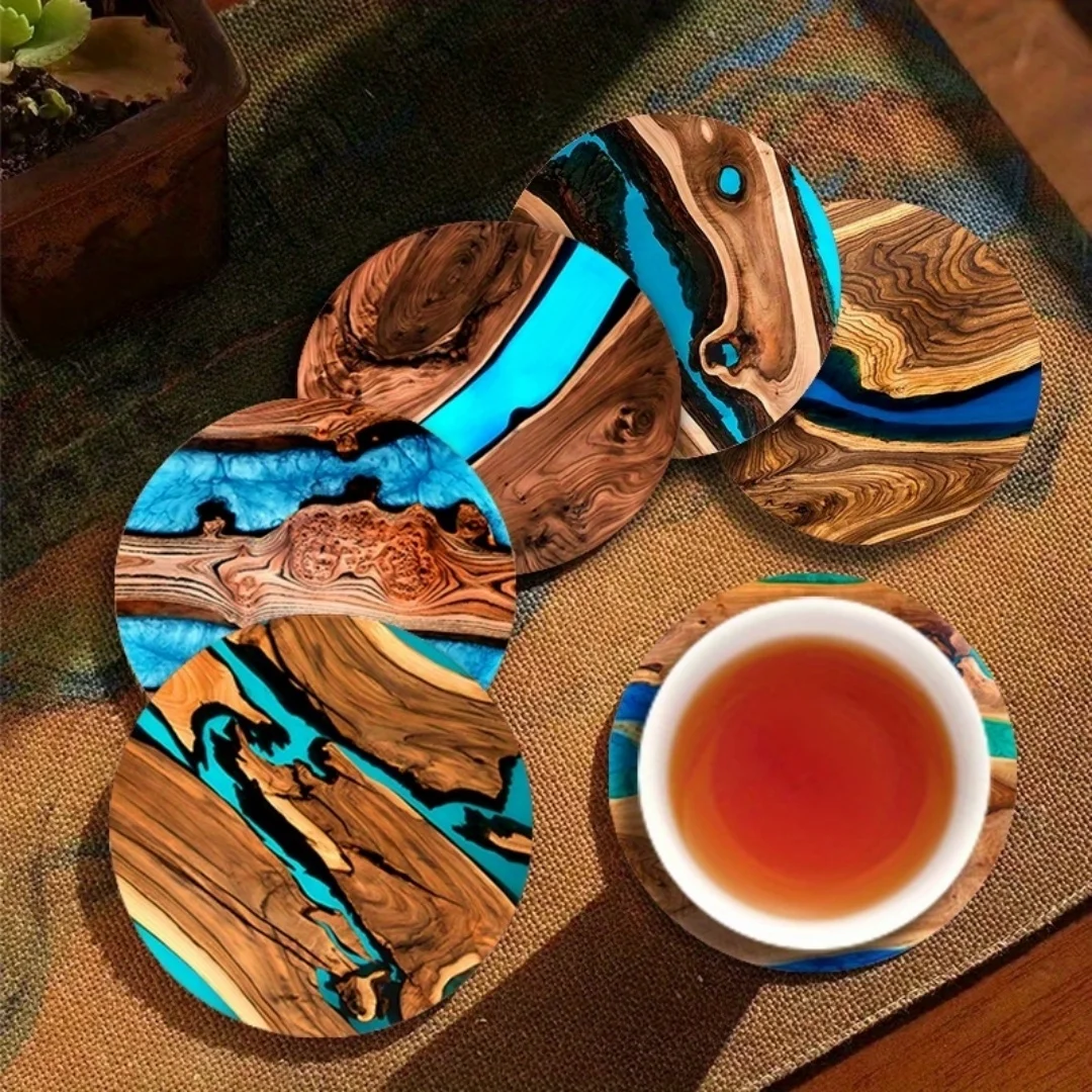 2D Blau-Grün Gemusterter Holzuntersetzer, Runde Untersetzer mit Anti-Verbrühungs- und Anti-Rutsch-Eigenschaften für den Heimgebrauch, Tischdekoration für Cafés – Detail 2