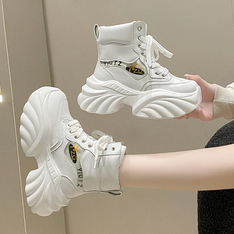 8 سنتيمتر منصة الأحذية النسائية مصمم الأزياء الجلود مكتنزة دراجة نارية الأحذية الراحة عالية أعلى منتصف العجل الأحذية للنساء بوتاس Mujer