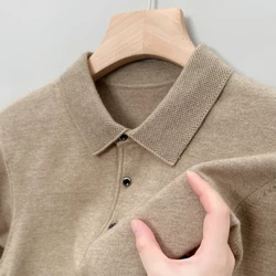 Autumn and Winter New Warm Soft Pullover Men's Business Lapel Knitwear Casual Solid Color Long Sleeve Polo Shirt Office