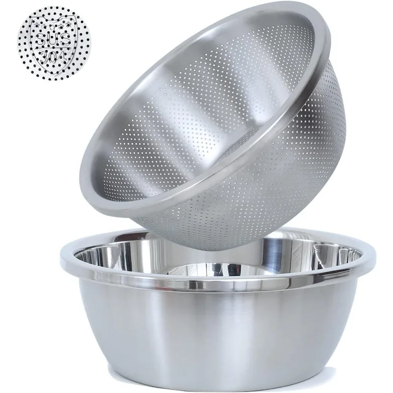 

304 Stainless Steel Microporous Colander, 5QT Large Capacity with Mixing Bowl For washing vegetables
