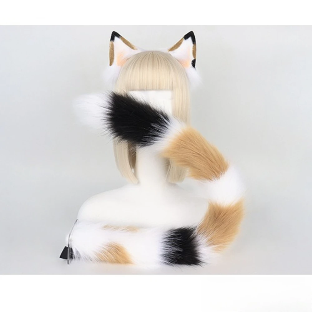 Cat Ears Kemonomi Faux Fur Cat Ears Headband Tail, Adjustable Belt Animal Kitten Tail Halloween Cosplay Accessory, Cat Ears Tail