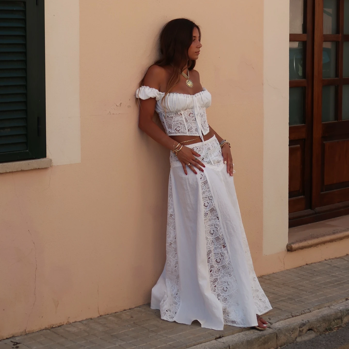 Suninheart Women's Matching Sets White Y2k Vintage Lace Square Neck Cropped Top & Maxi Skirt Set Holiday Dress Boho Beachwear