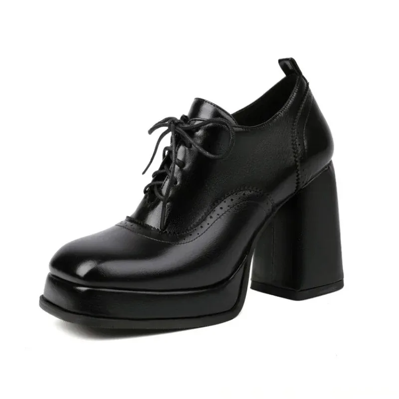 

Коричневые туфли на высоком каблуке в стиле ретро на толстом каблуке с милыми перекрестными ремешками, весенне-осенние студенческие одинарные туфли с квадратной головкой в студенческом стиле 43