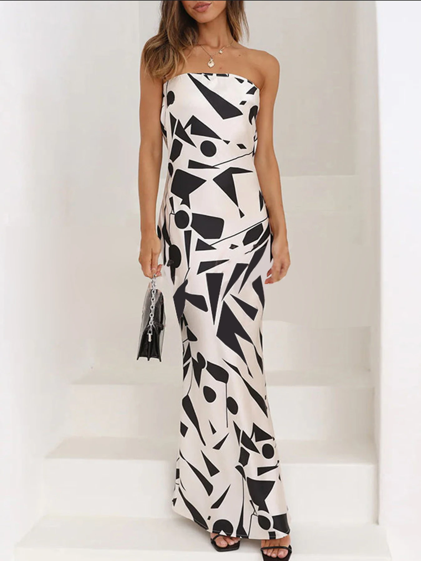 Spring and Summer New Elegant Women's Fashion Design Black and White Graphic Print Dress, Elegant Slim-Fit Strapless Dress with Hollow Back