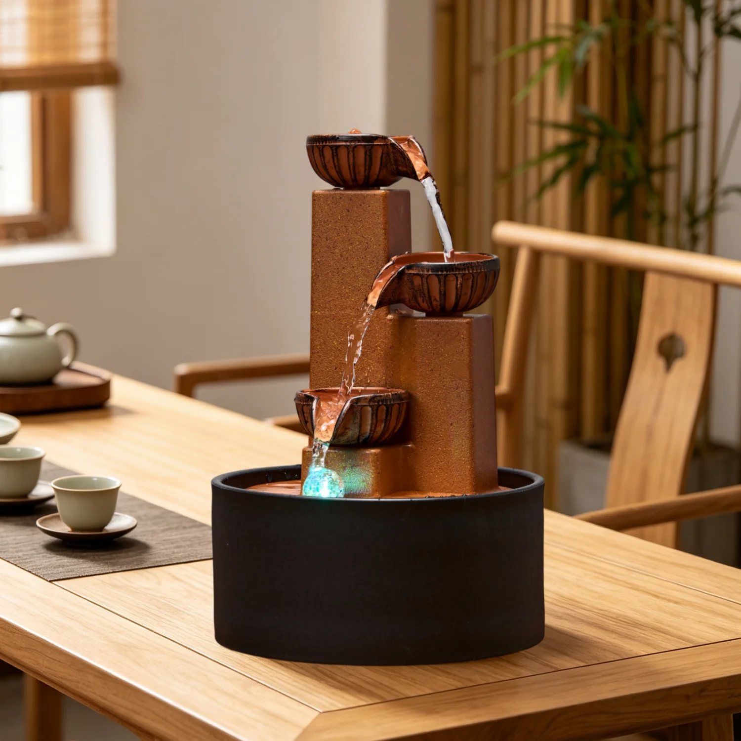 Zen-Inspired Desktop Water Fountain with Automatic Circulation, Colorful Changing Lights, Home Office Desk Humidifier, Stress-Relief Decorative Ornament