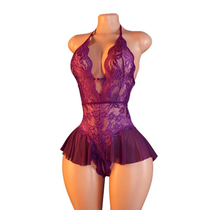 

Women Sexy Lace Teddy Bodysuit Deep V Halter Lingerie Sheer Mesh Babydoll Nightwear Backless Ruffle Sleepwear