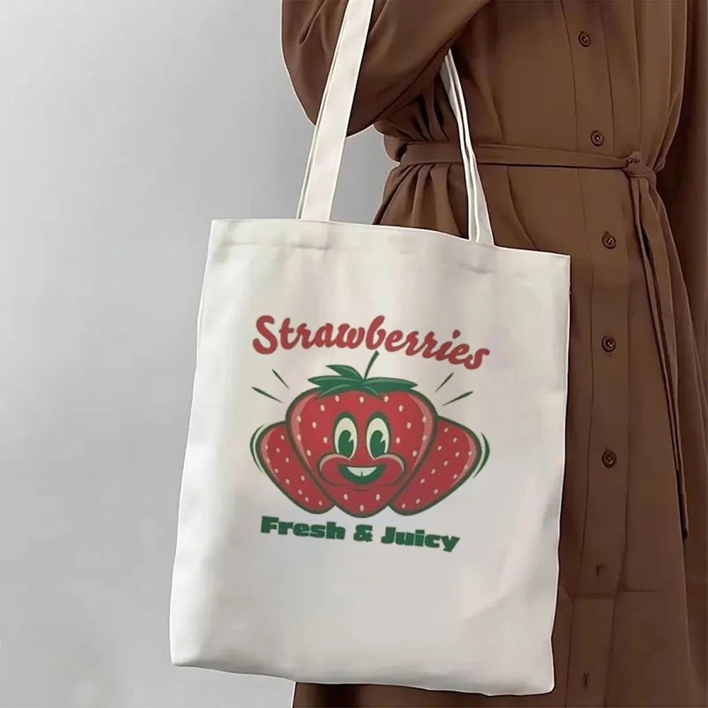 Strawberries Fresh & Juicy Tote Retro Cartoon Fruit Print Playful Aesthetic Graphic Bag, Lightweight Shoulder Bag