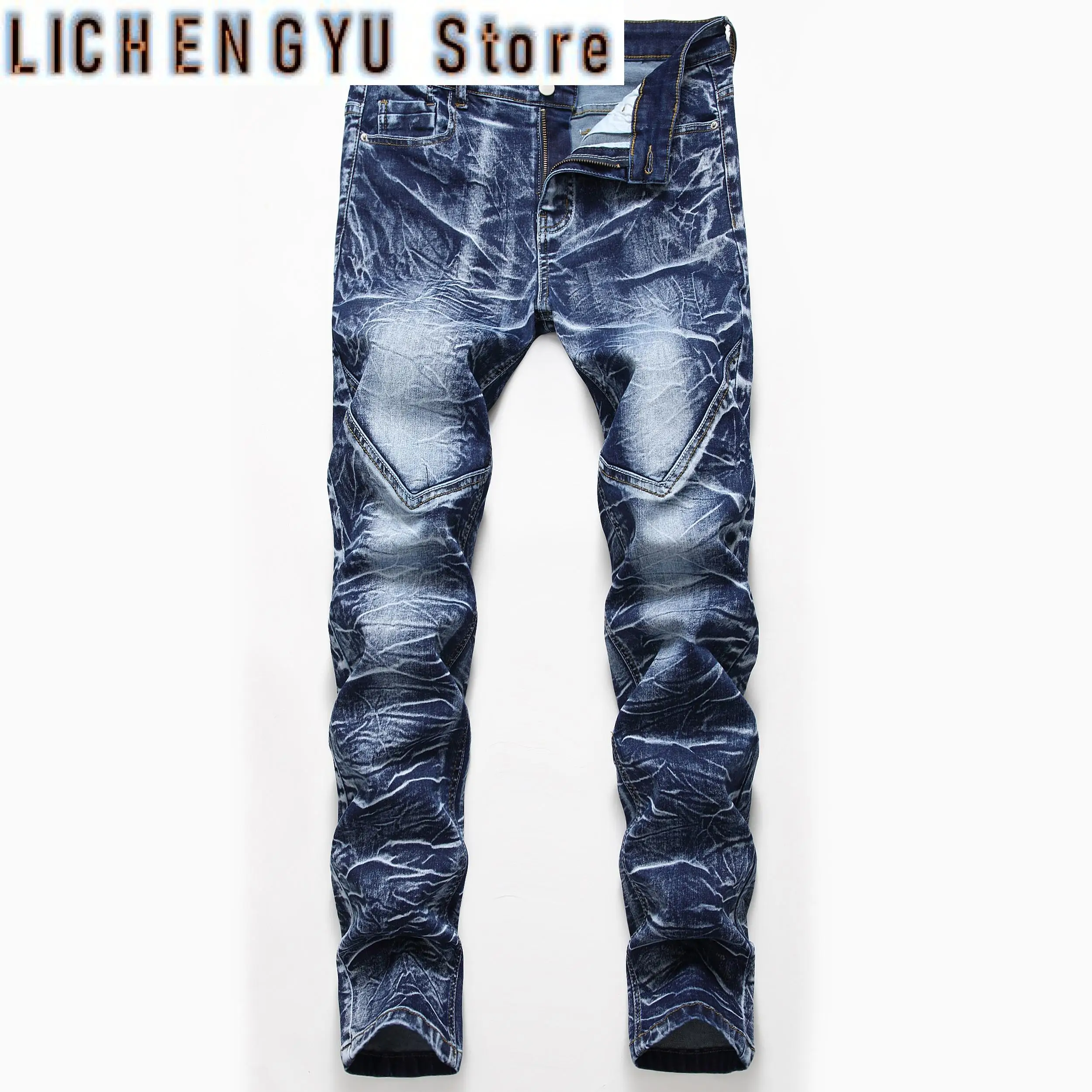 

Новые мужские персонализированные модные джинсы, синие уличные мотоциклетные повседневные джинсовые брюки, мужские эластичные прямые облегающие джинсы