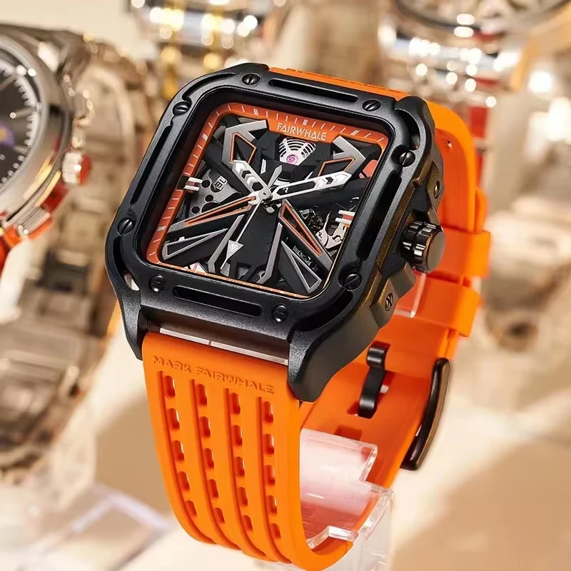 

Mark Fairwhale Фирменные новые роскошные мужские механические часы с автоматическим механизмом, силиконовый ремешок, водонепроницаемые часы со скелетом для мужчин