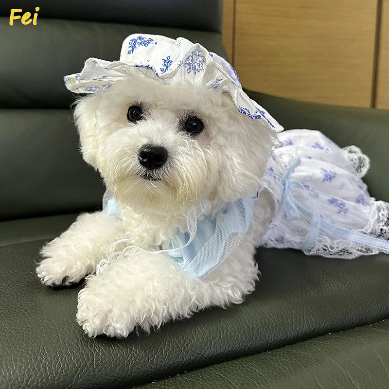 

Blue Willow Cooling Dog Romper - Handmade Summer Breathable Puppy Dress for Corgi Small Dogs, Cute Butt Exposure, Pure Cotton