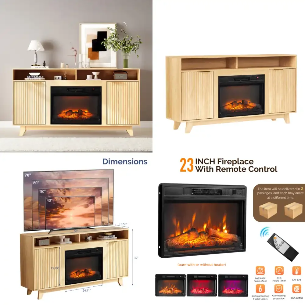 Oak Fireplace TV Stand with 23 Inch Insert Double Grid Doors Gold Handles and 2 Shelves Media Console 58 x 13.6 x 32 Inches