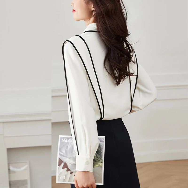 Spring Autumn Elegant Bright Line Decoration Long Sleeve Shirt Fashion Simple Office Lady Blouse Women Tops All-match Cardigan