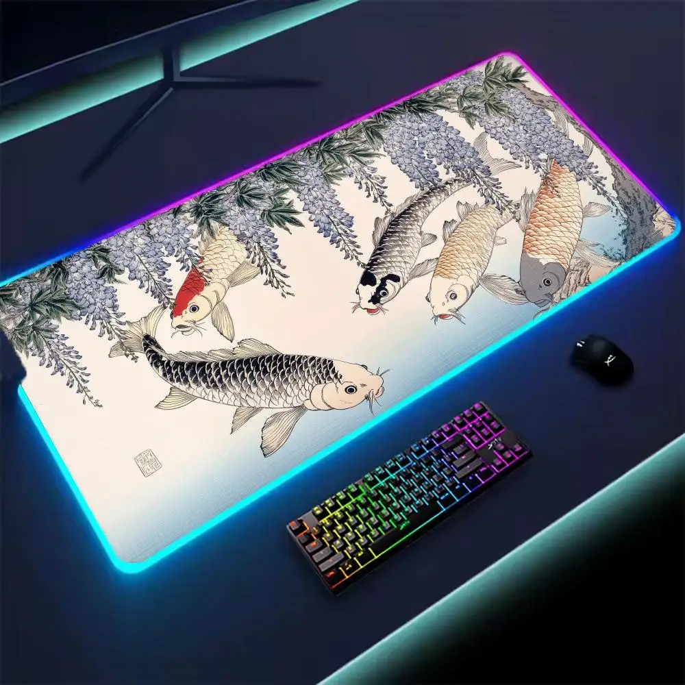 

Японский коврик для мыши с рыбой XXL RGB игровой коврик для мыши Аксессуары для геймеров Большие коврики для мыши со светодиодной подсветкой Коврик для ПК Компьютерный стол с подсветкой