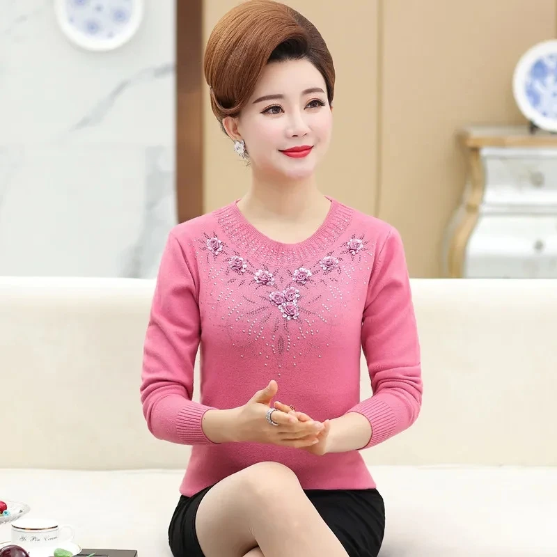 Jersey de punto para madre de mediana edad, suéter suave elástico con incrustaciones de diamantes, Top corto para mujer, otoño e invierno, 2025