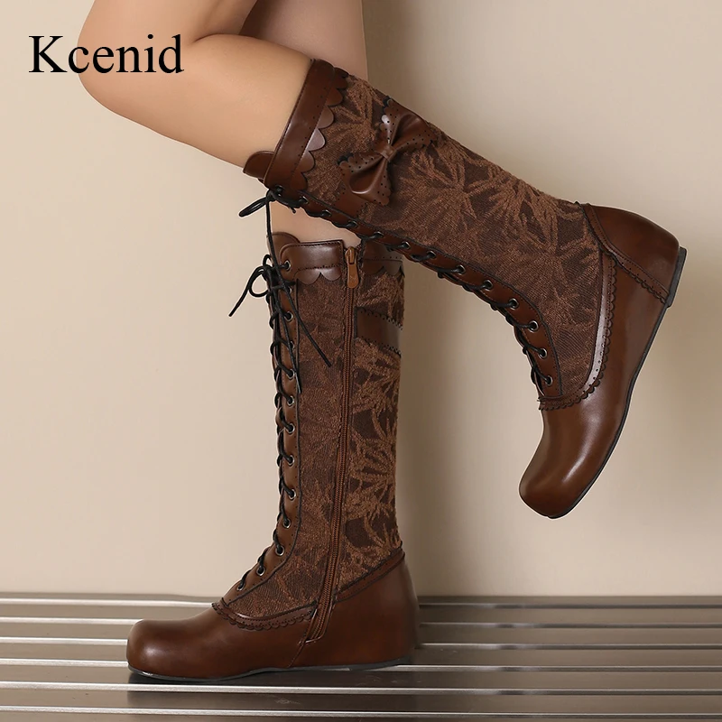 

Kcenid Ladies Fashion Embroidery Long Boots Round Toe Height Increasing Shoes Woman Butterfly-knot Knee High Boots Big Size34-50