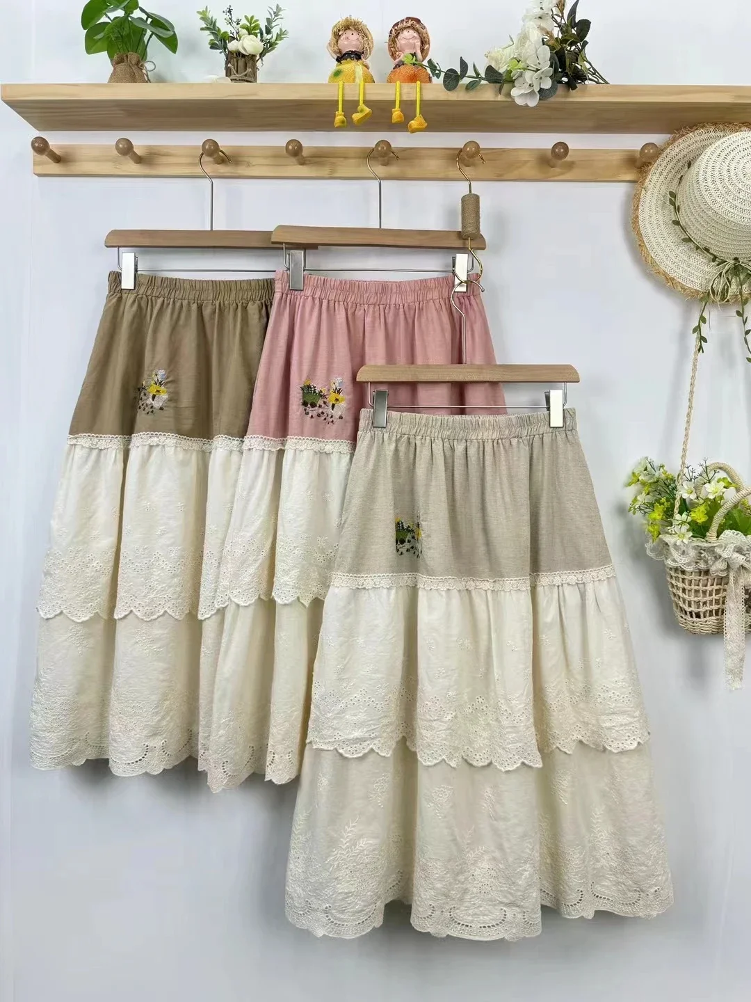 

Spring Summer Japan Style Mori Girl Lace Embroidery Patchwork Cotton Linen Skirt Women Elastic Waist CausaL Loose Skirts