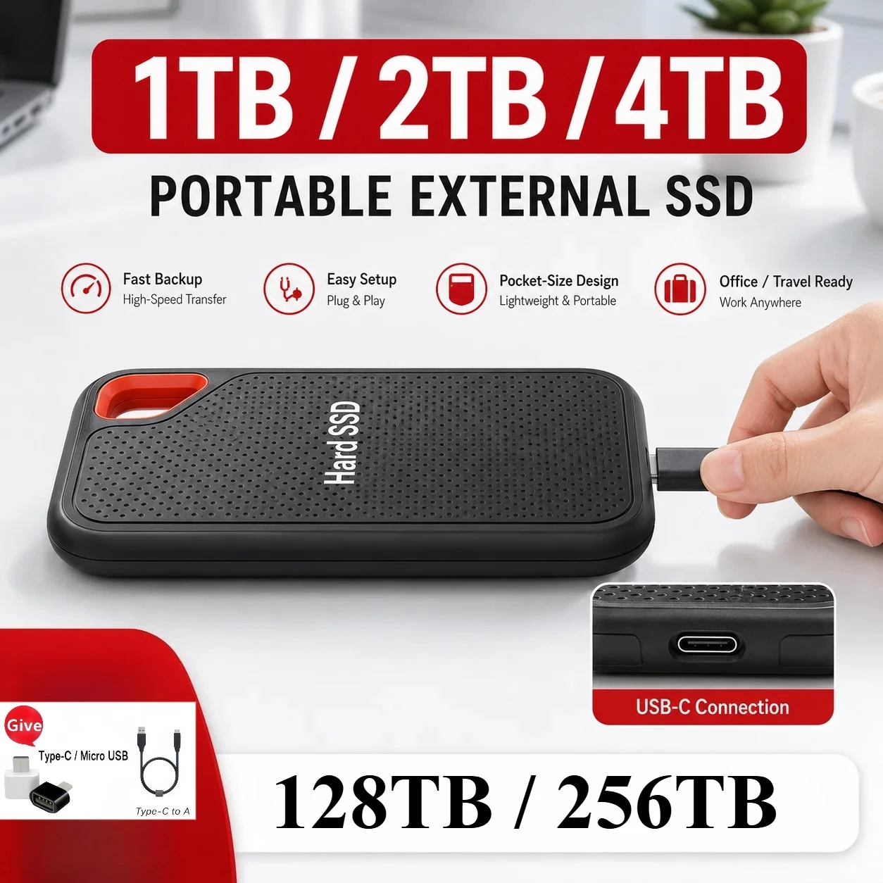 16TB Portable SSD External Hard Drive USB 3.1 Type-C High-Speed Data Storage for Laptop/Mac