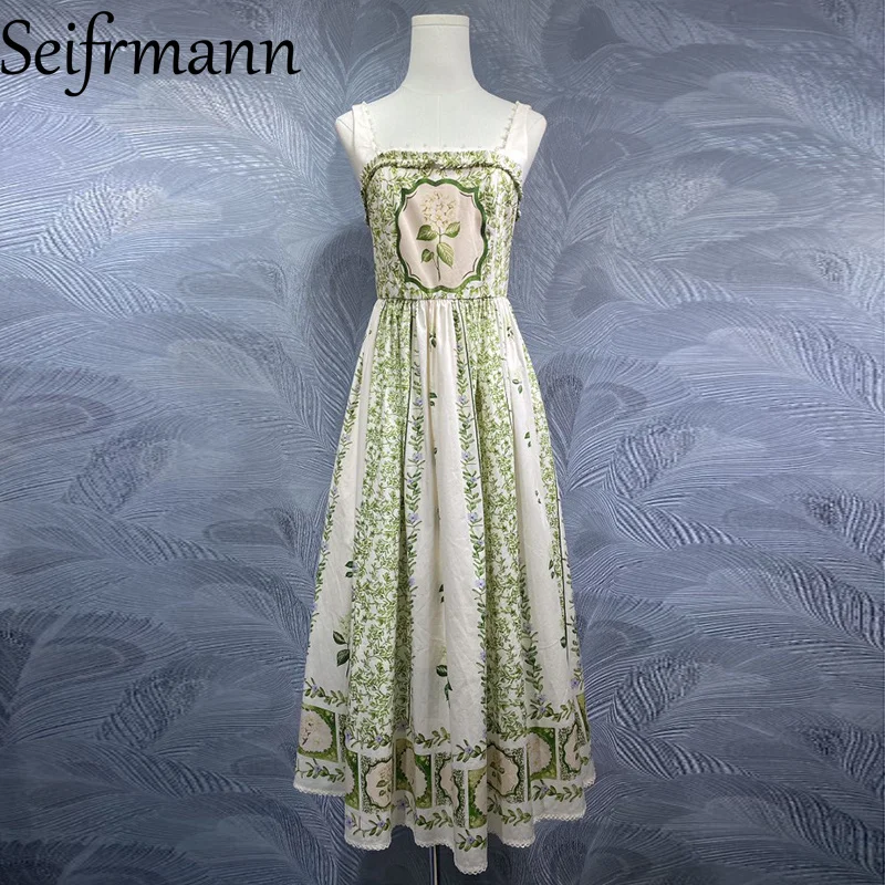Seifrmann ファッションデザイン レディース ロングドレス セクシー スパゲッティストラップ バックレス 花柄 Aライン ビッグスイング コットンドレス