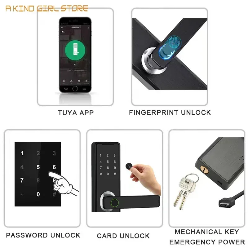 Free Drill Design Fingerprint Door Lock Tuya Smart Life APP Control 150Pcs Users Capacity