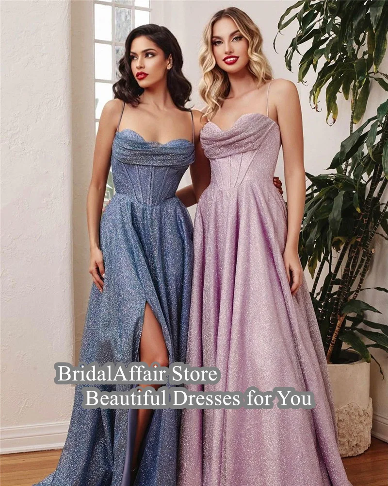 BridalAffair Sparkly Dusty Blue Champagne Tulle Long Prom Dresses Plus Size Spaghetti Straps Glitter Evening Gowns