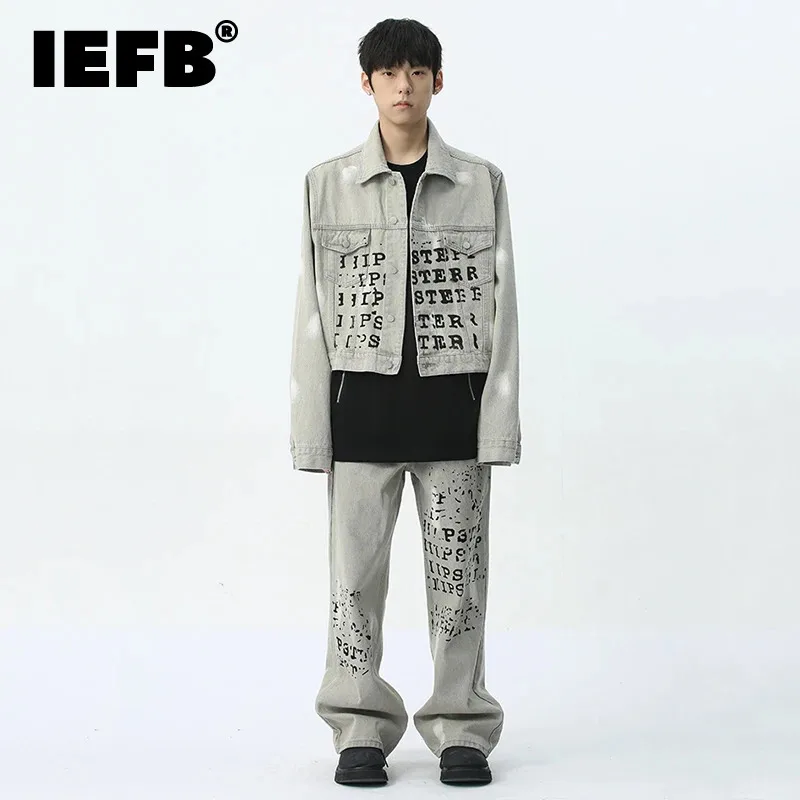 IEFB American Style Men\'s Denim Sets Letter Printing Turn-down Collar Long Sleeve Jackets Loose Washing Male Trouser 2024 9C6550