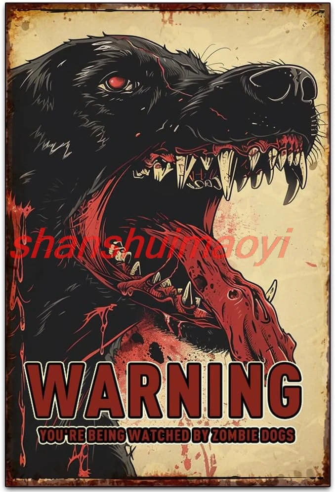 Original Vintage Design Wall Art Print Poster, Warning You're Being Watched By Zombie Dogs, Funny Retro Classic Art Wall Dec