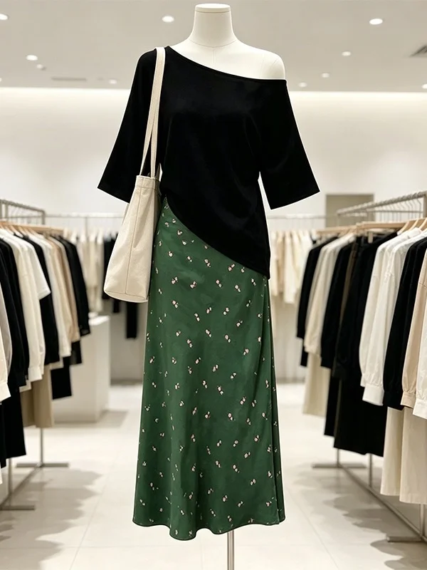

Large Size Women's Summer Shoulder Bared Half Sleeve T-shirt Floral Half Skirt Two Piece Set Casual High Waist A-Line Skirt