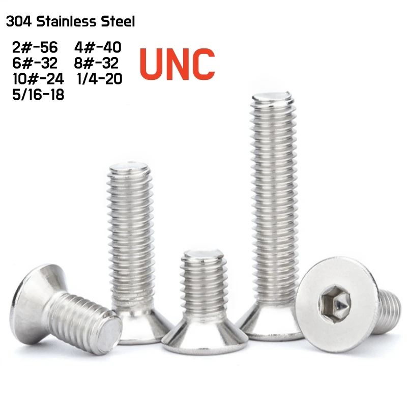 UNC 304 A2 Stainless Steel Hex Hexagon Socket Flat Countersunk Head Screw Bolt 2#-56 4#-40 6#-32 8#-32 10#-24 1/4-20 5/16-18