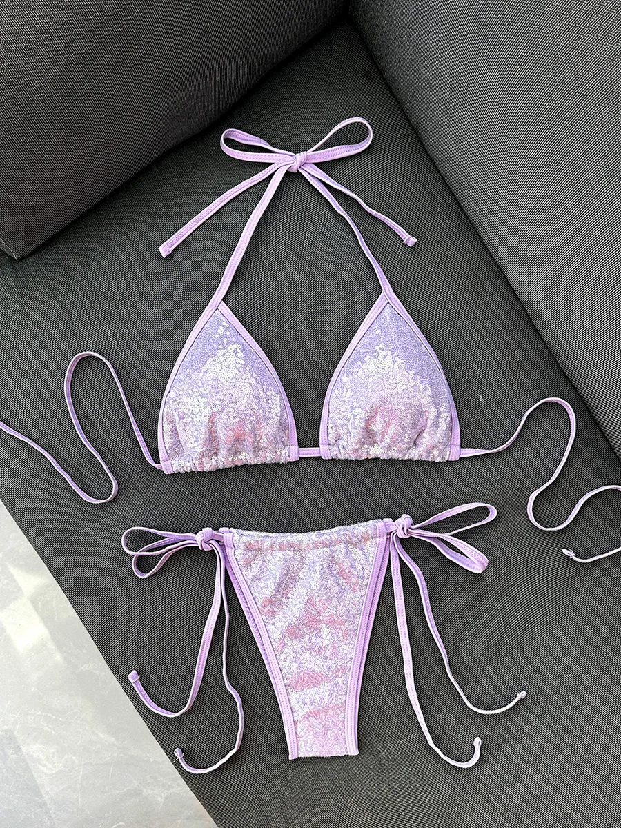 Shiny Sequins Halter Bikini Female Swimsuit Women Swimwear Two-Pieces Bikini Set High Cut Padded Bather Bathing Suit Swim Lady
