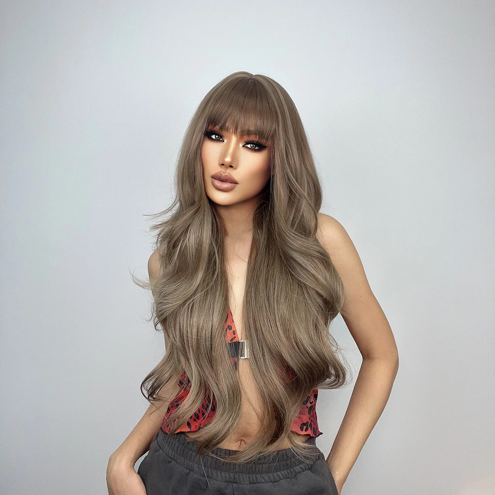 High Temperature Chocolate Dark Brown Hair Daily Party Use Fiber Long Body Wave Synthetic Wigs Wavy with Bangs for Women