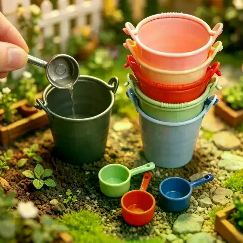 5 Sets Doll Accessories 1/6 Scale Dollhouse Miniature Simulation Colored Plastic Water Bucket With Spoon Scene Decoration Toys