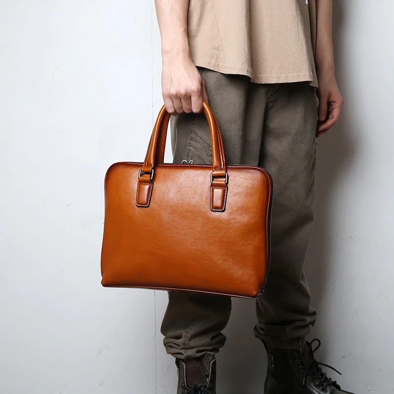 The New First-Layer Leather Men's Handbag Retro Casual Business Leather Briefcase Simple Shoulder Cross-Body Trend Men's Bag