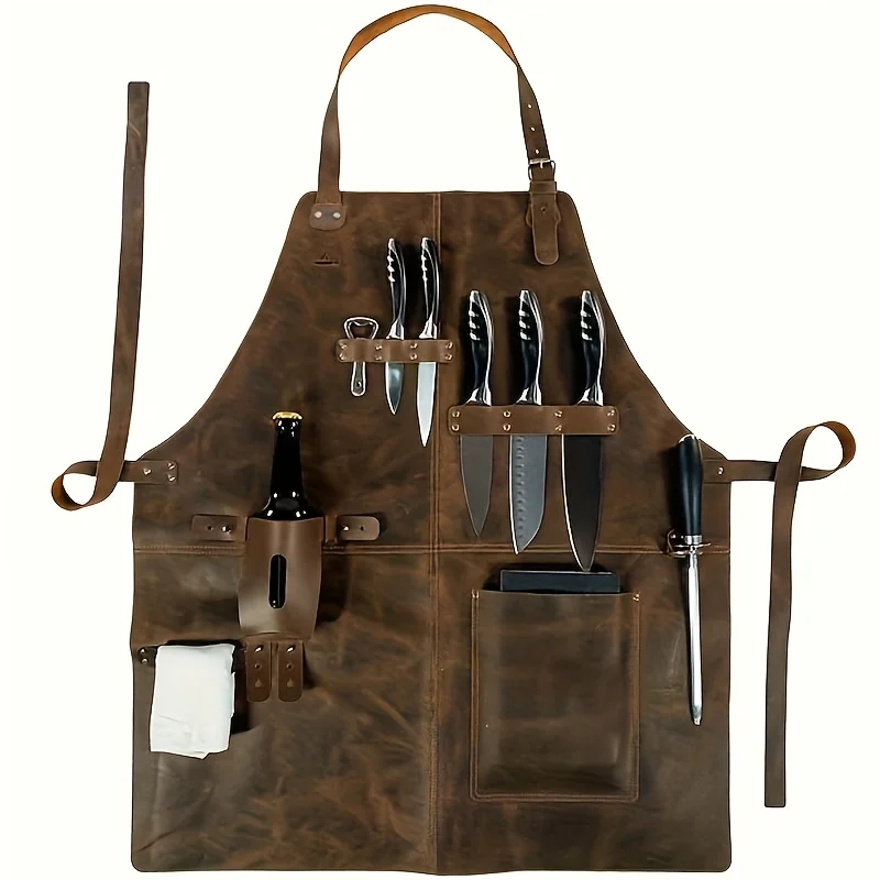 

Retro Style Work Apron - Durable Faux Leather with Multi-Pockets, Adjustable for Cooking, Woodworking & Outdoor Use