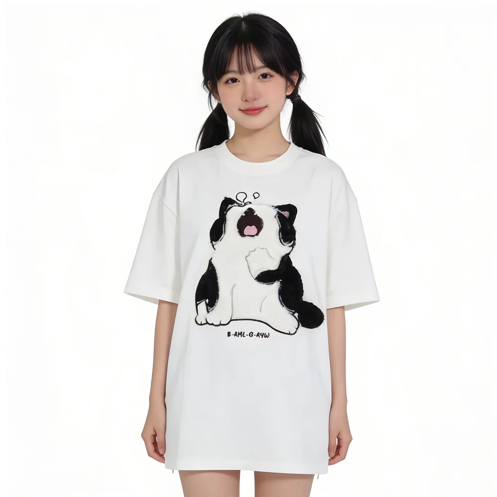 Cute Sleeping Cat Plush Embroidered Short-sleeved T-shirt Women\'s Summer Preppy Style Lovely Loose Top Couple Matching Tee Shirt